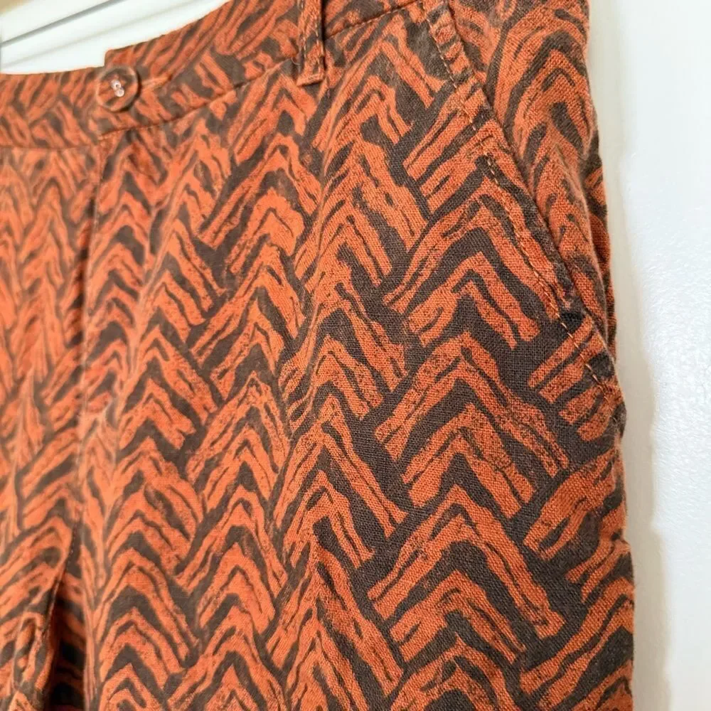 Garnet Hill Pants Womens Sz 8 Orange Rust 100% Linen Chevron Print Wide Leg Boho
